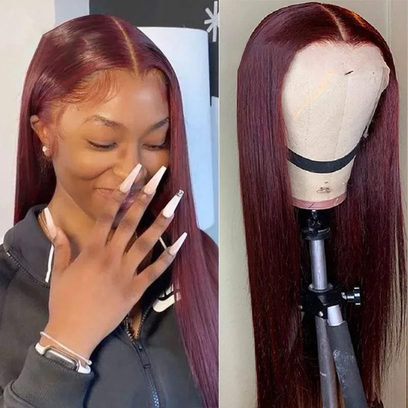 13x6 Burgundy Straight Human Hair Lace Frontal Wigs