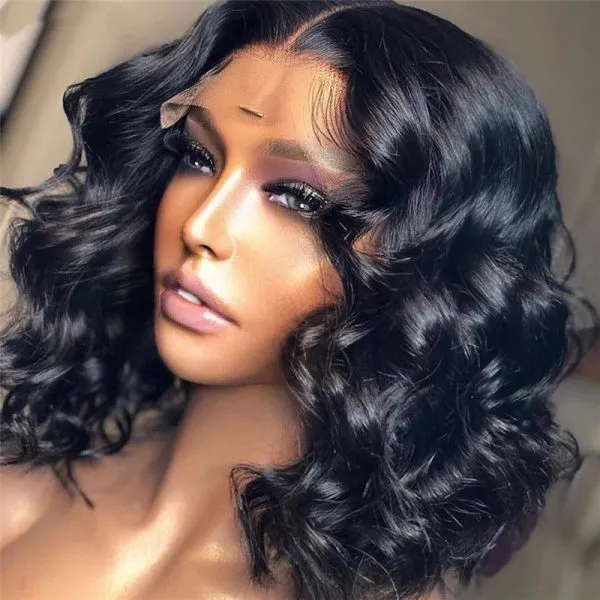 Black Body Wave Front Lace Short Curly Hair Wig 4x4